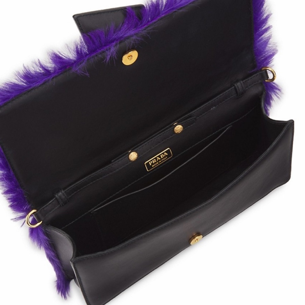 PRADA EMBELLISHED CALF HAIR CROSSBODY BAG W/DECORATIVE BUCKLE AND CHAIN STRAP